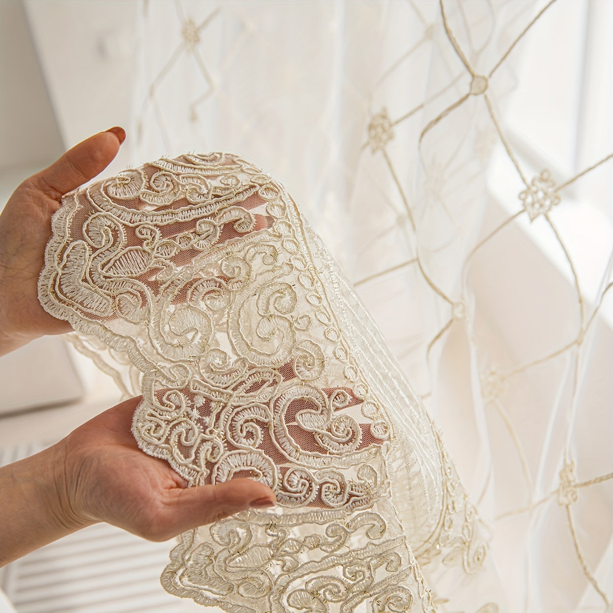 1PC French Grid Lace White Transparent Window Sheer, Rod Pocket Hook Multiple Hanging Ways