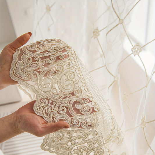 1PC French Grid Lace White Transparent Window Sheer, Rod Pocket Hook Multiple Hanging Ways