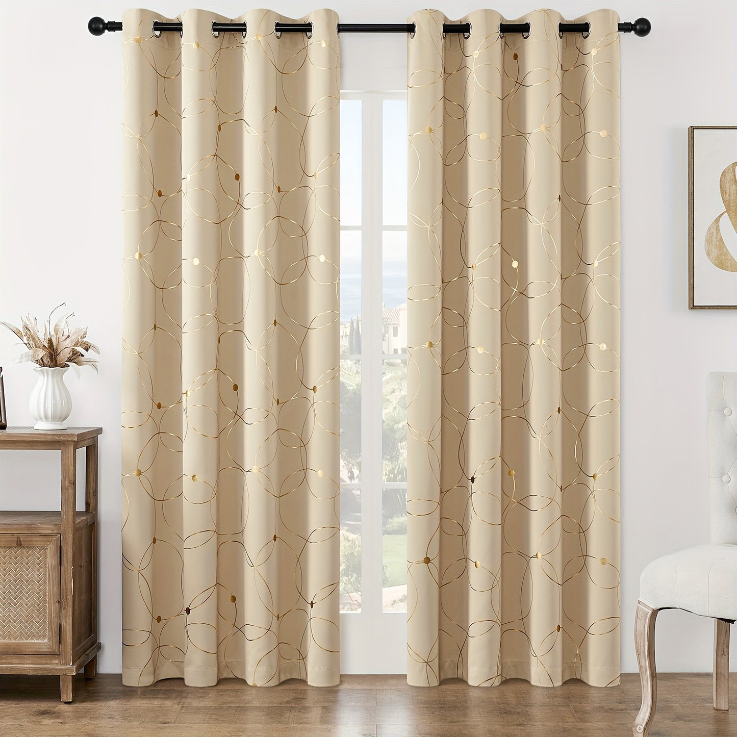 2pcs Elegant Golden Wave Blackout Curtains - Beige with Bold Golden Stripe