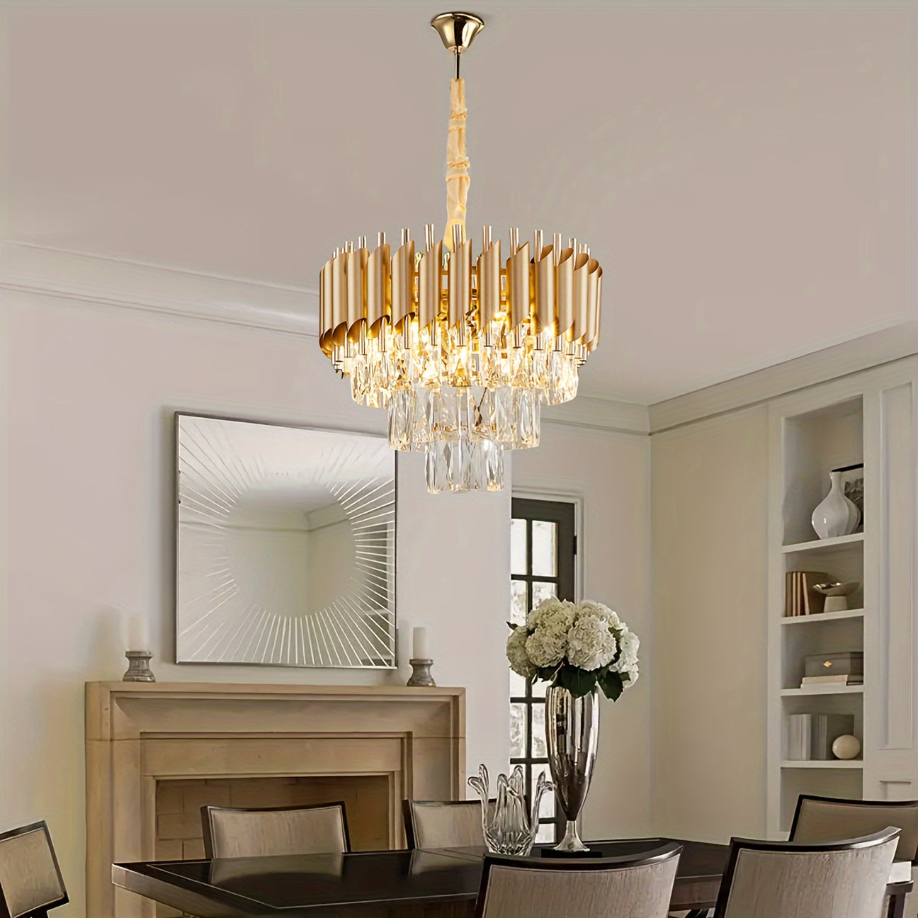 Modern Crystal Chandelier, 3-Tier Round Golden Metal Ceiling Light