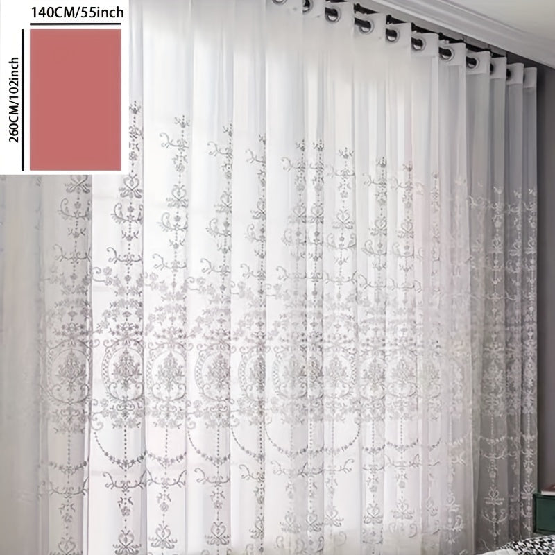 1pc Glam Embroidered Floral Grommet Top Curtain, Semi-Sheer Polyester Window Screen for Bedroom 120-140g