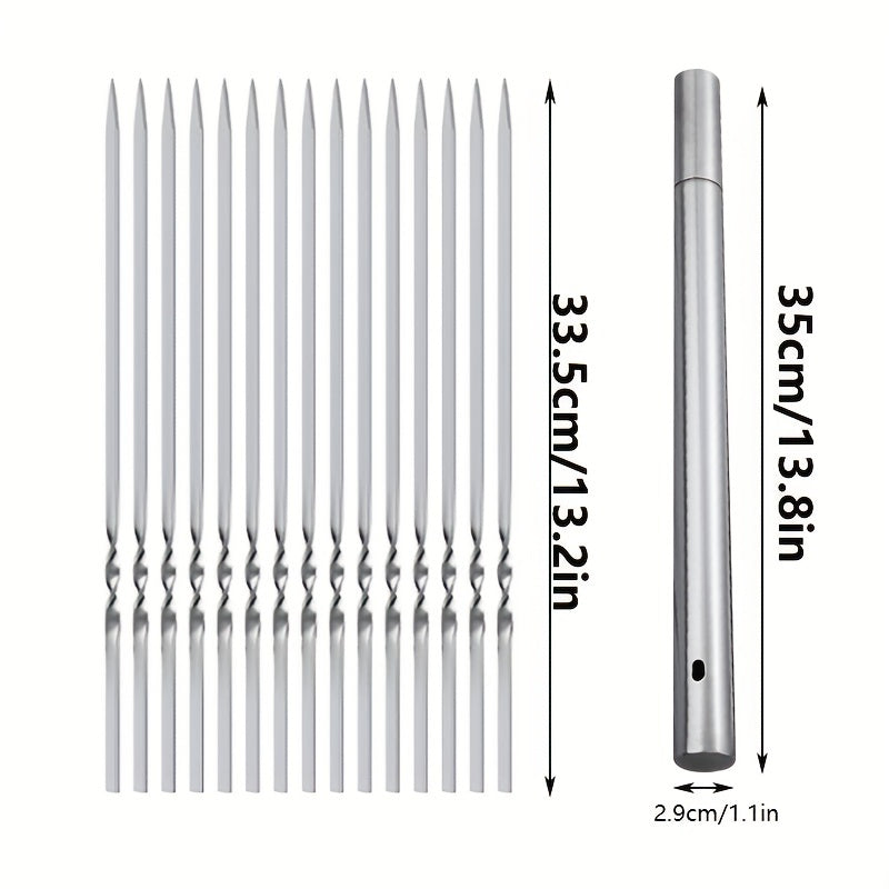 15pcs Stainless Steel Skewers & 1 Tube Storage For Barbecue,Shish Kebab BBQ Camping Flat Forks Gadgets