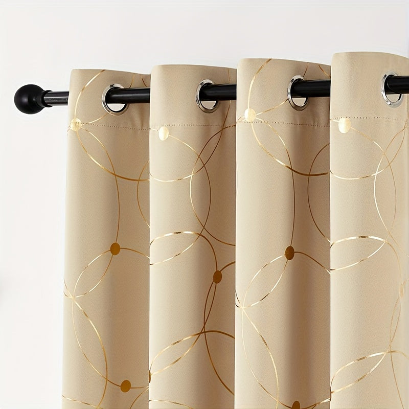 2pcs Elegant Golden Wave Blackout Curtains - Beige with Bold Golden Stripe