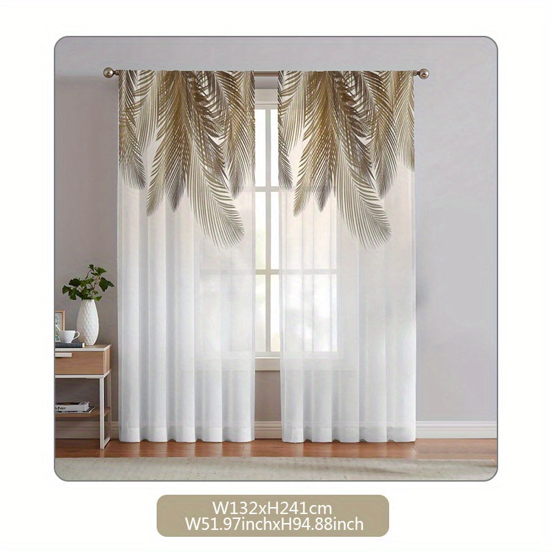 2pcs Yellow Feather Pattern Curtain, Rod Pocket Window