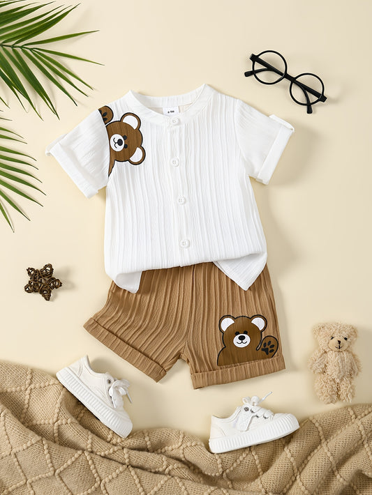 2pcs Summer Casual Print Short Sleeve Shirt & Elastic Waist Cuffed Ankle Shorts Set