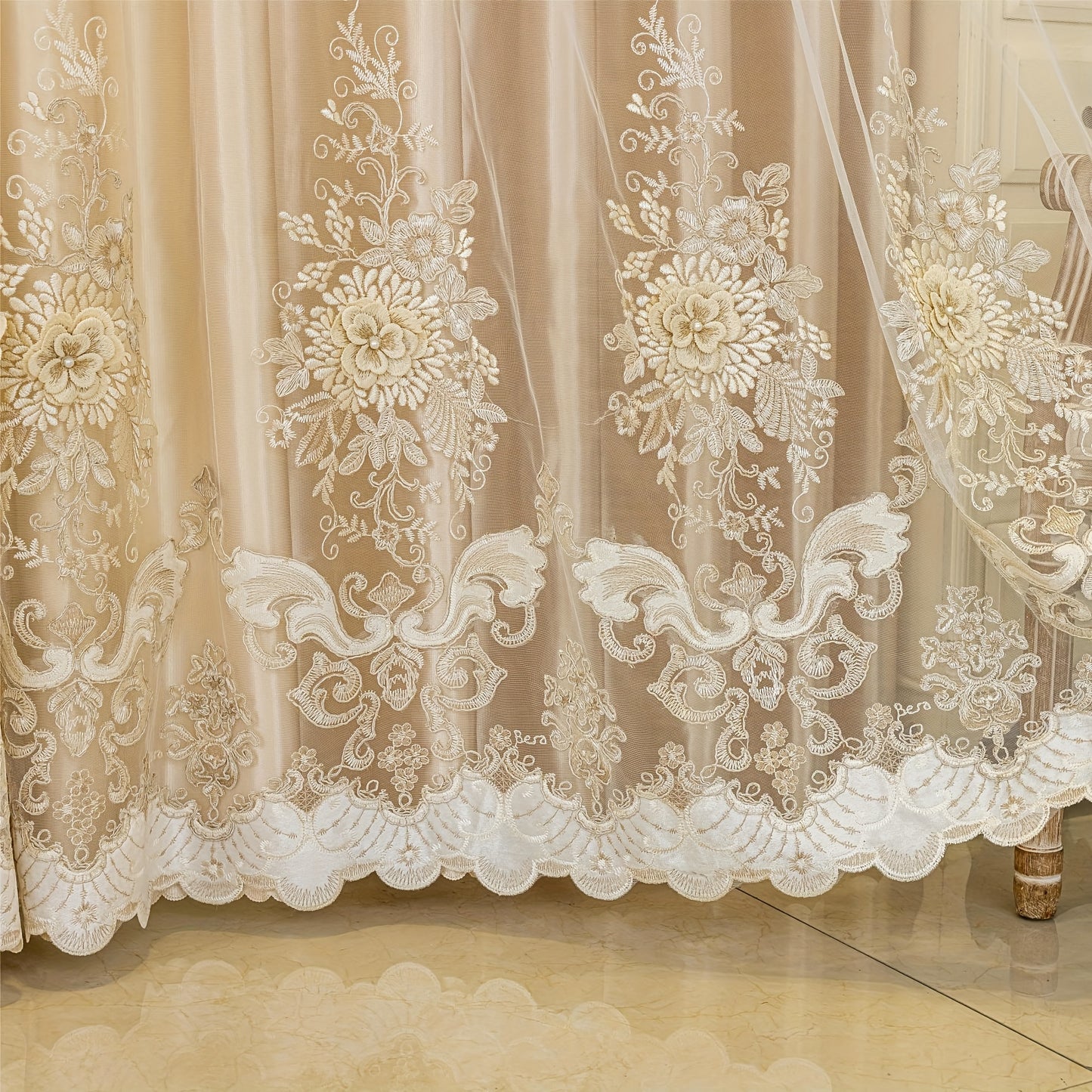 1pc Elegant Double-Layer Embroidered Curtain with Floral Patterns