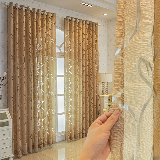 1pc Elegant Hollow Leaf Jacquard Window Curtain