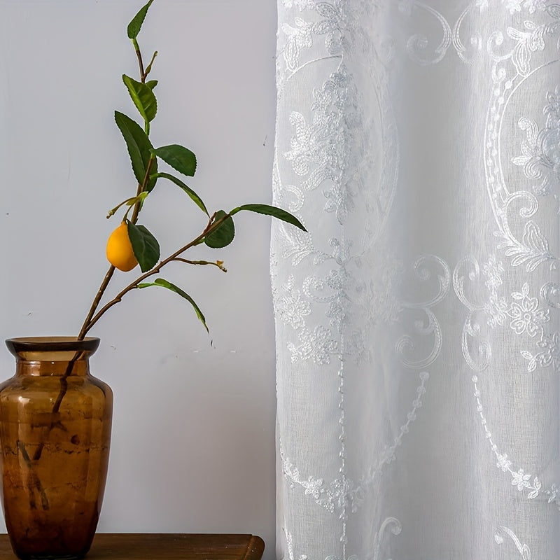 1pc Glam Embroidered Floral Grommet Top Curtain, Semi-Sheer Polyester Window Screen for Bedroom 120-140g