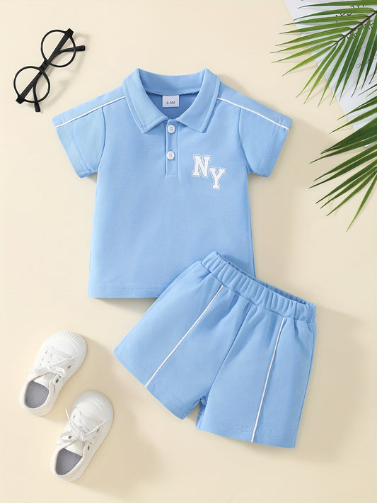 2pcs  Summer Casual  Button Y Letter Positioning Print Short Sleeve + Elastic Waist
