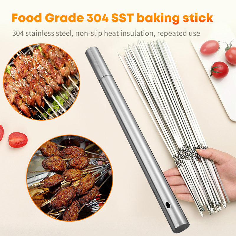 15pcs Stainless Steel Skewers & 1 Tube Storage For Barbecue,Shish Kebab BBQ Camping Flat Forks Gadgets