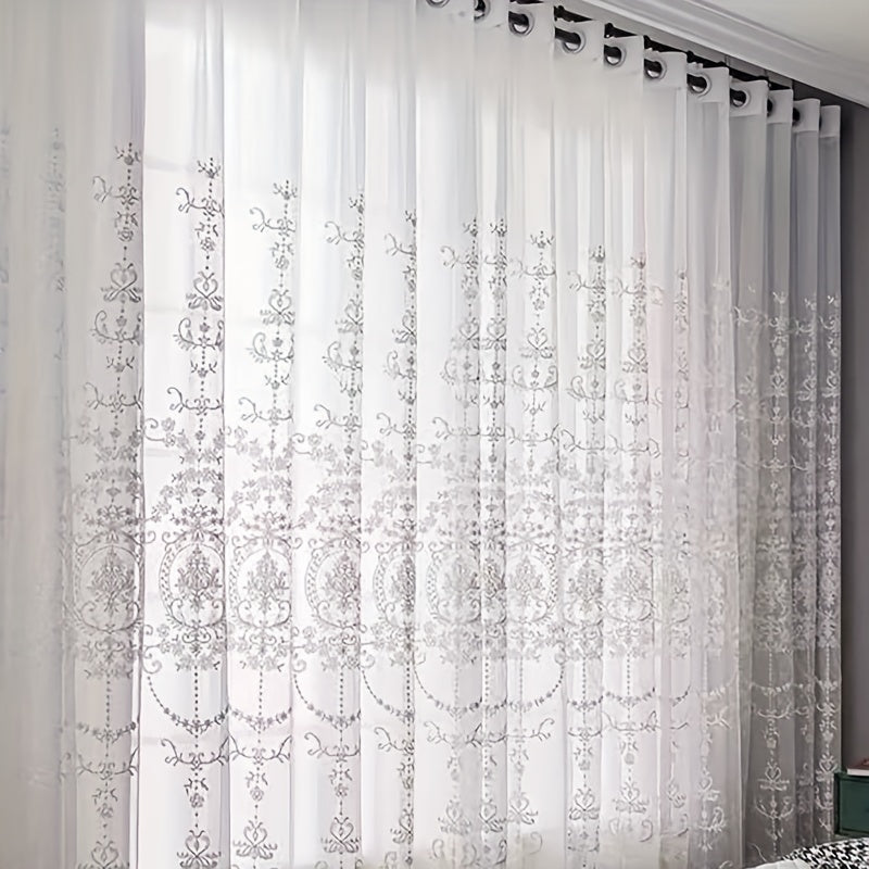 1pc Glam Embroidered Floral Grommet Top Curtain, Semi-Sheer Polyester Window Screen for Bedroom 120-140g