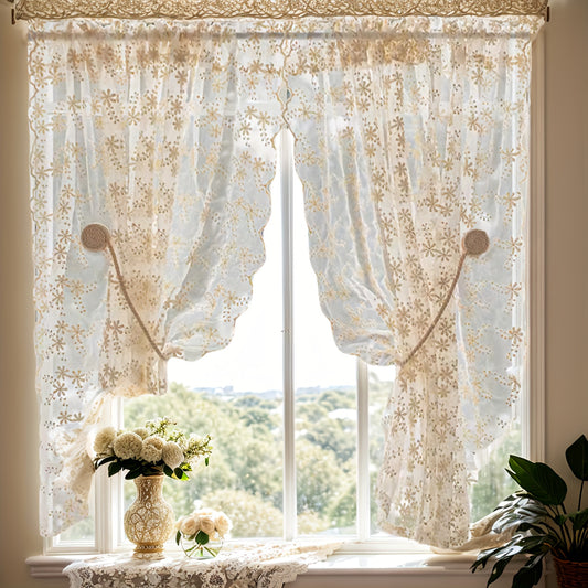 1pc French Country Style Beige Daisy Embroidered Sheer Curtain Panel