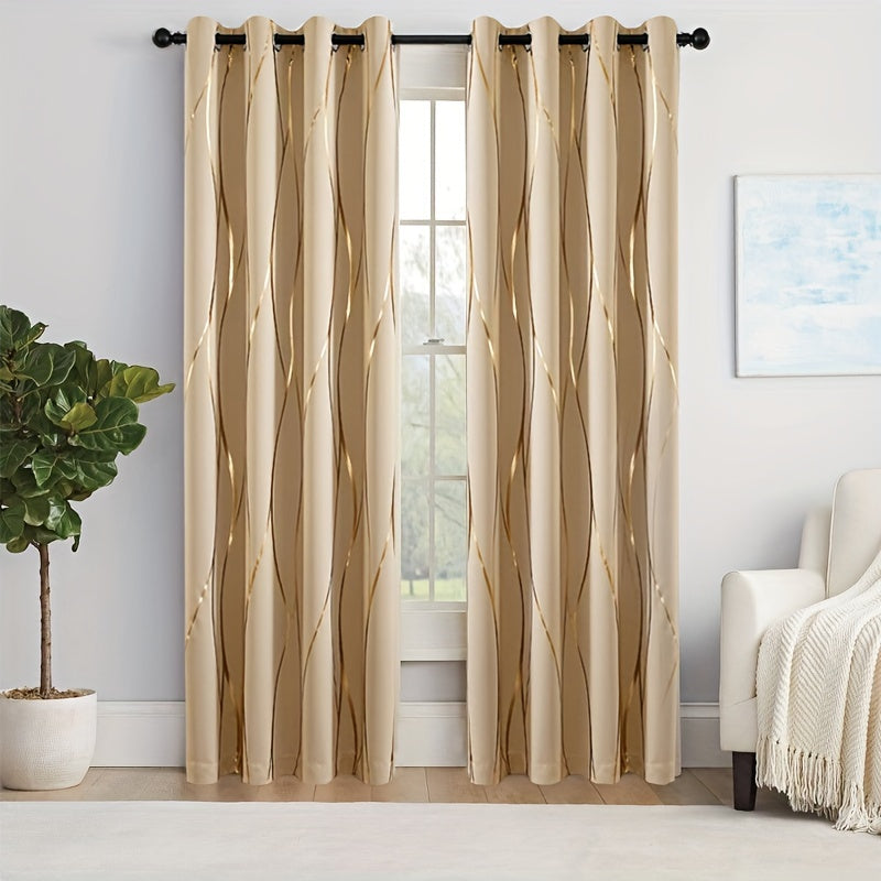 2pcs Elegant Golden Wave Blackout Curtains - Beige with Bold Golden Stripe