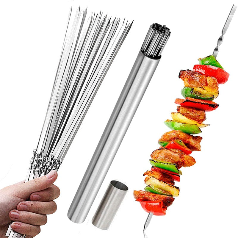 15pcs Stainless Steel Skewers & 1 Tube Storage For Barbecue,Shish Kebab BBQ Camping Flat Forks Gadgets