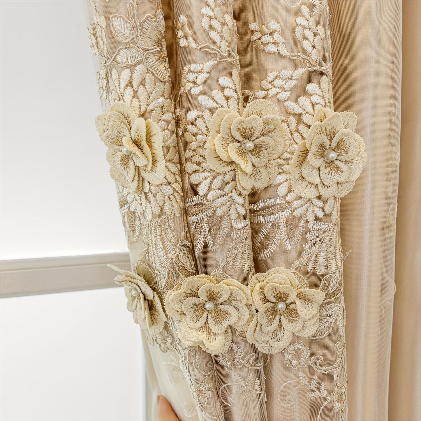 1pc Elegant Double-Layer Embroidered Curtain with Floral Patterns