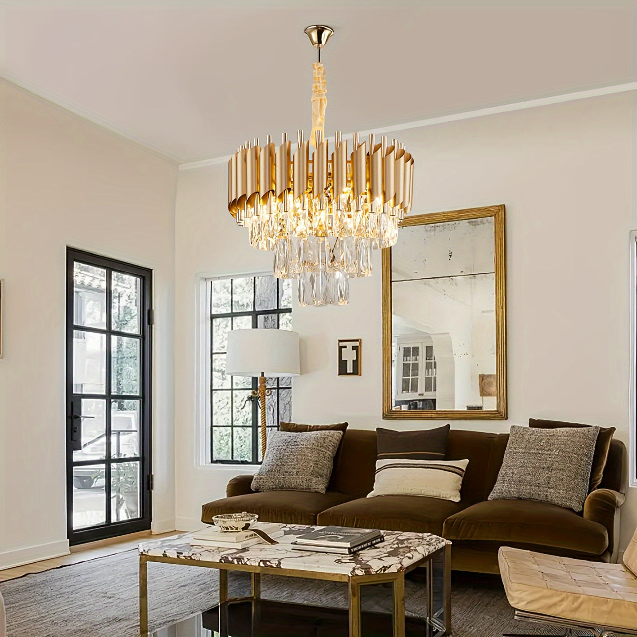 Modern Crystal Chandelier, 3-Tier Round Golden Metal Ceiling Light