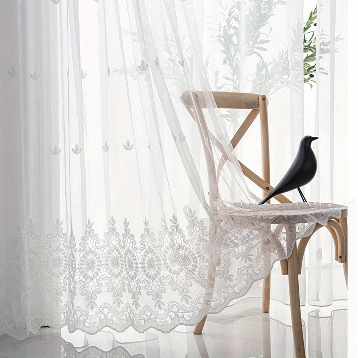 1pc Modern Embroidered Sheer Curtain Panel, 100% Polyester