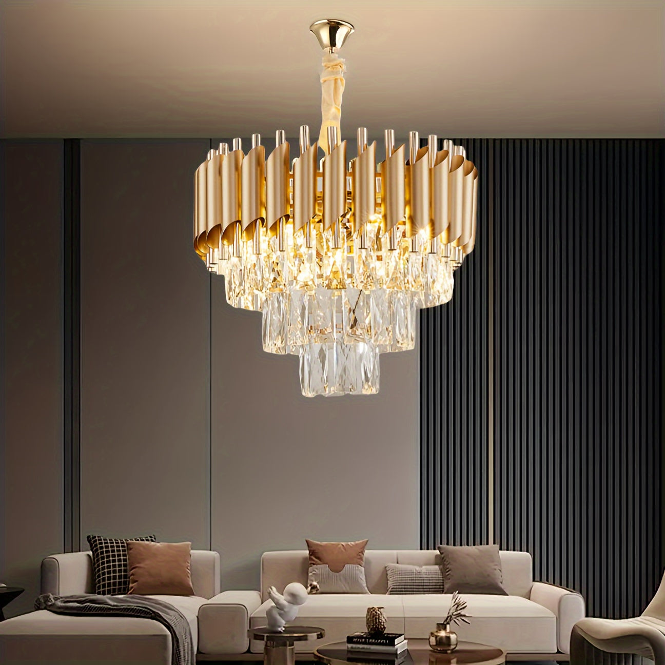 Modern Crystal Chandelier, 3-Tier Round Golden Metal Ceiling Light