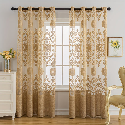 Elegant Golden Jacquard Sheer Curtain with Grommet Top - Perfect for Bedroom, Living Room