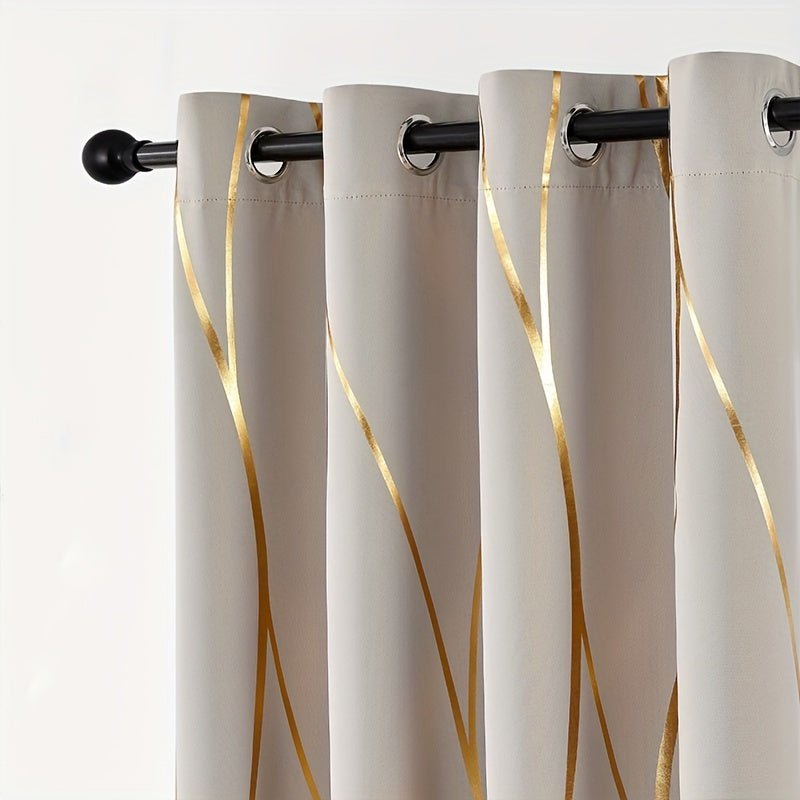 2pcs Elegant Golden Wave Blackout Curtains - Beige with Bold Golden Stripe