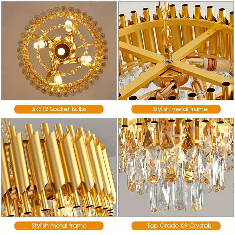 Modern Crystal Chandelier, 3-Tier Round Golden Metal Ceiling Light