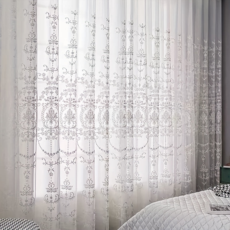 1pc Glam Embroidered Floral Grommet Top Curtain, Semi-Sheer Polyester Window Screen for Bedroom 120-140g