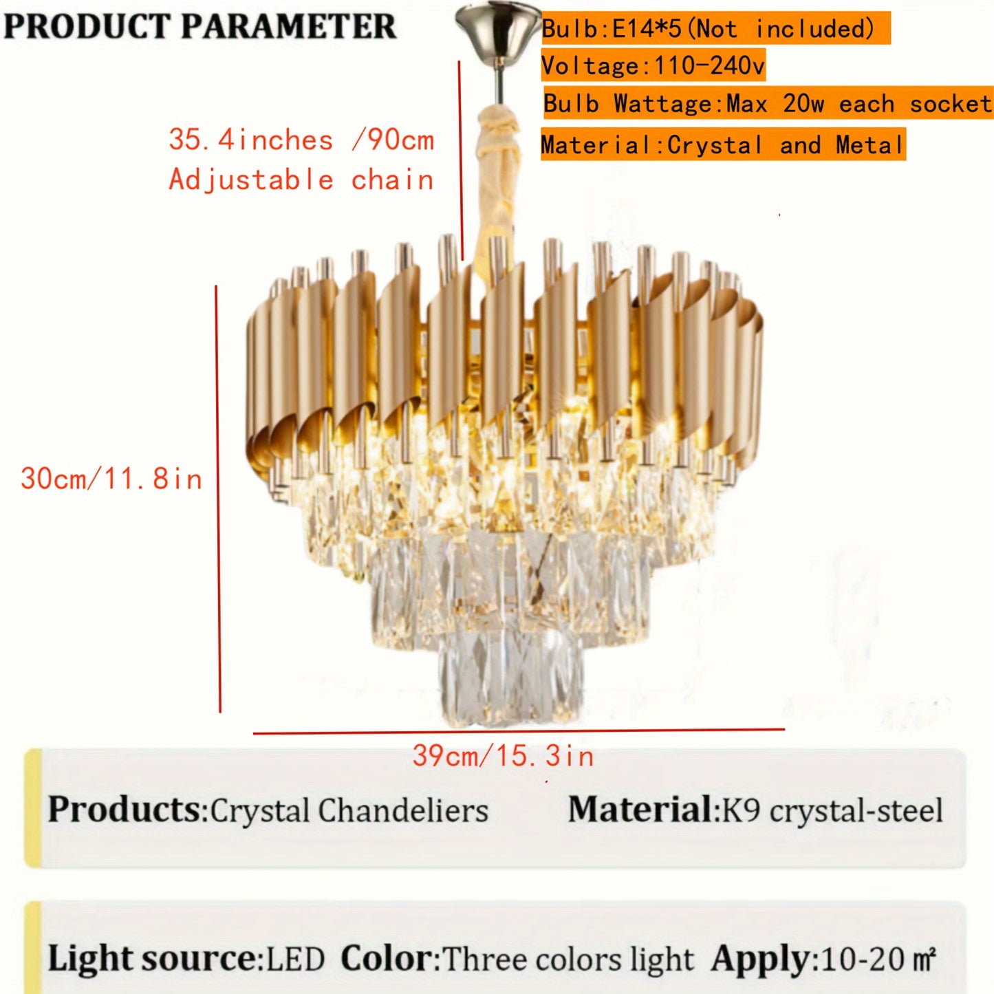 Modern Crystal Chandelier, 3-Tier Round Golden Metal Ceiling Light