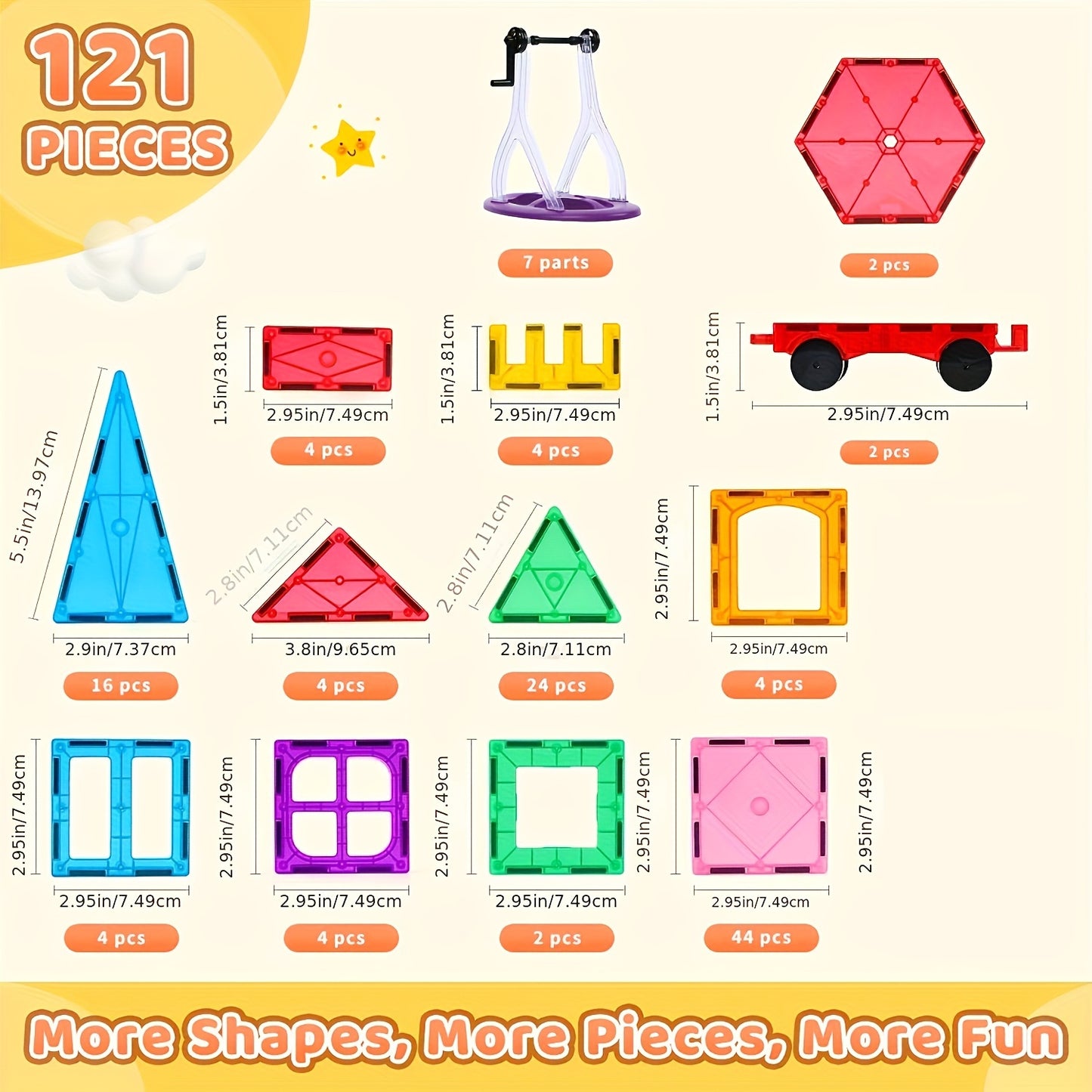 Magnetic Tiles, 121/64pcs Magnetic Toys, Colorful Children's Magnetic Building Blocks form 3 - 6 Years Old