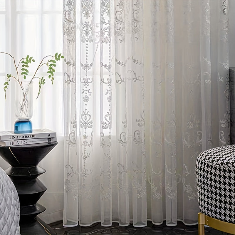 1pc Glam Embroidered Floral Grommet Top Curtain, Semi-Sheer Polyester Window Screen for Bedroom 120-140g