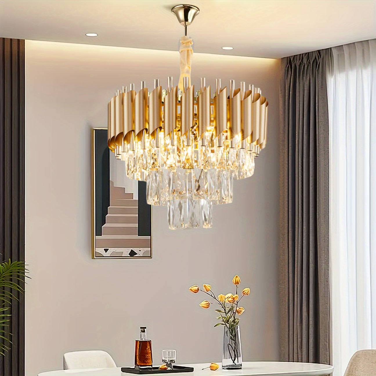 Modern Crystal Chandelier, 3-Tier Round Golden Metal Ceiling Light