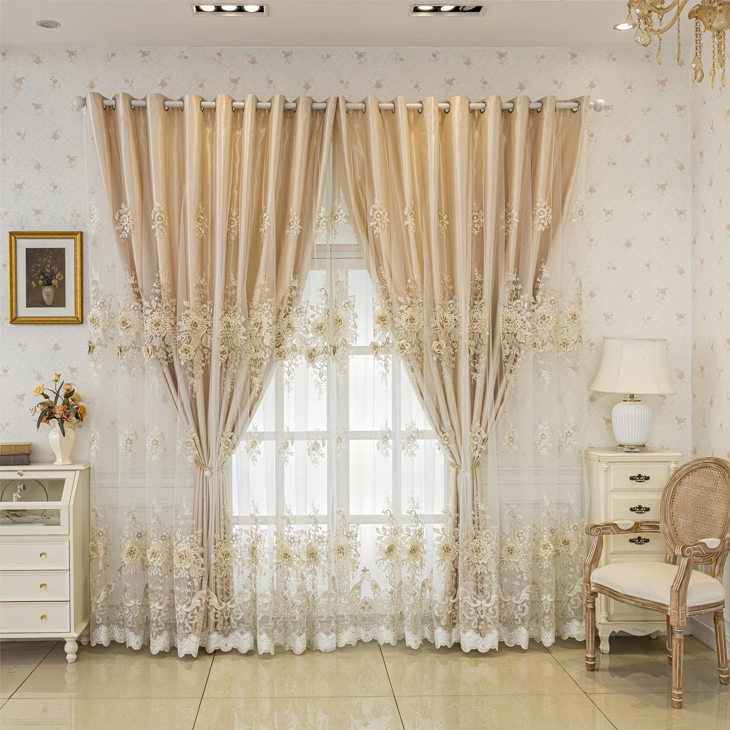 1pc Elegant Double-Layer Embroidered Curtain with Floral Patterns