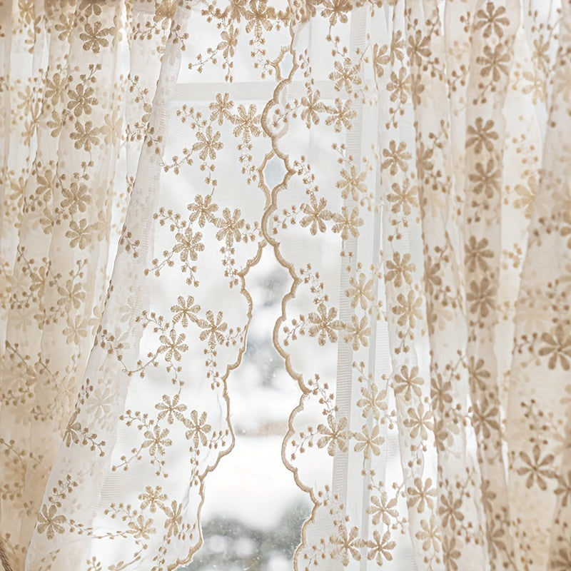 2PC French Style Lace Yarn Embroidered Sheer Tulle Curtains - Floral Pattern, Thermal Insulated, Rod Pocket Top for Living Room Kitand chen