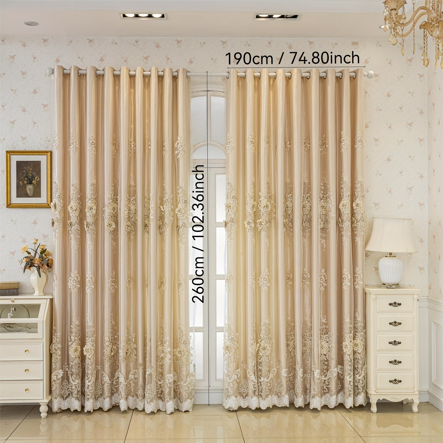 1pc Elegant Double-Layer Embroidered Curtain with Floral Patterns