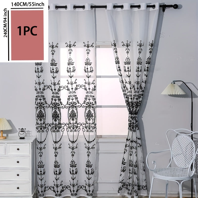 1pc Glam Embroidered Floral Grommet Top Curtain, Semi-Sheer Polyester Window Screen for Bedroom 120-140g