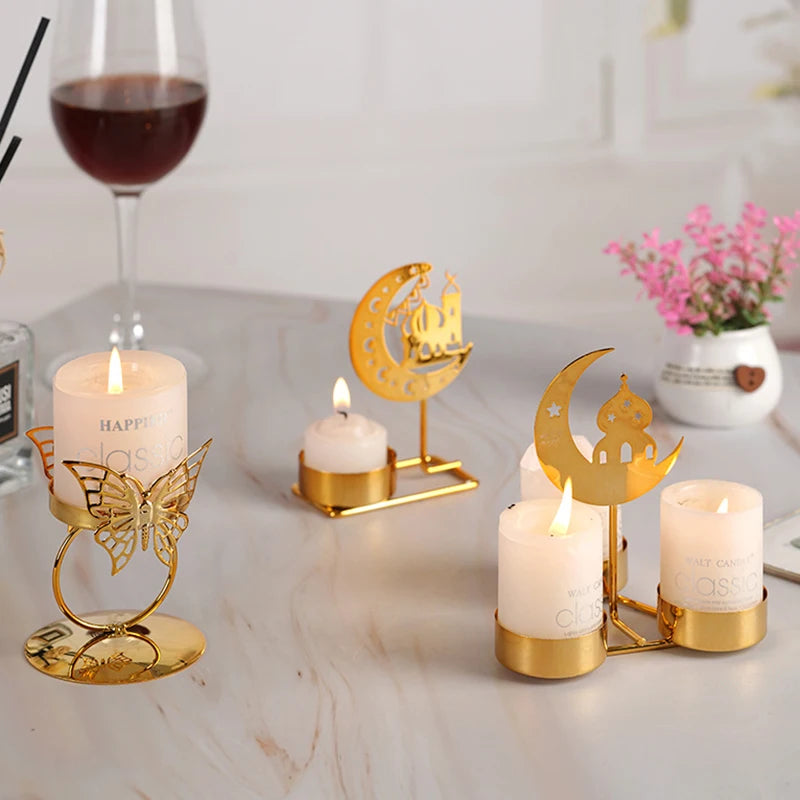 Ramadan  Candlestick Decoration Metal Moon Star Candle Holder Gold