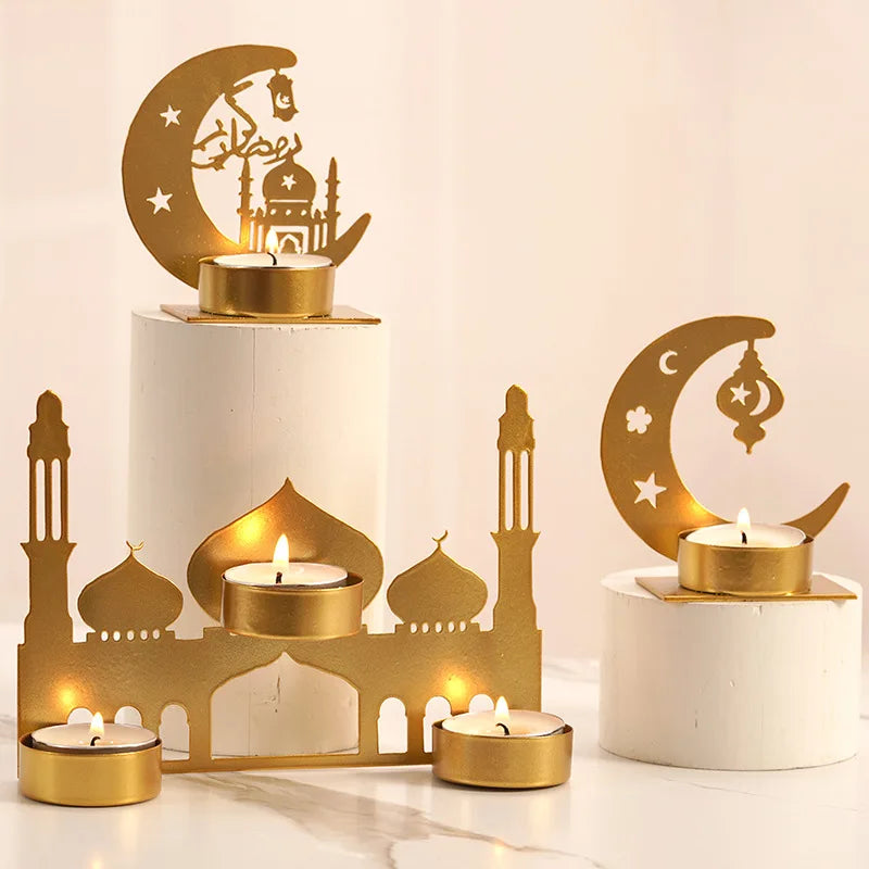 Ramadan  Candlestick Decoration Metal Moon Star Candle Holder Gold