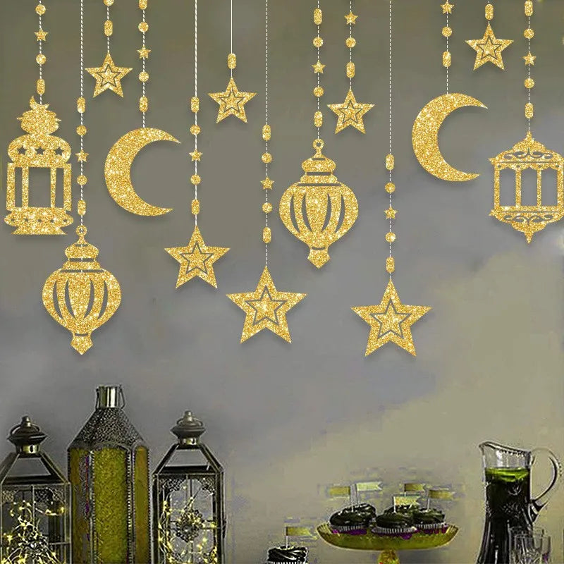 EID Mubarak Swirl Banner Star Moon Ceiling Hanging Ornament Ramadan Kareem Decoration for Home 2024 Islam Muslim Party Supplies