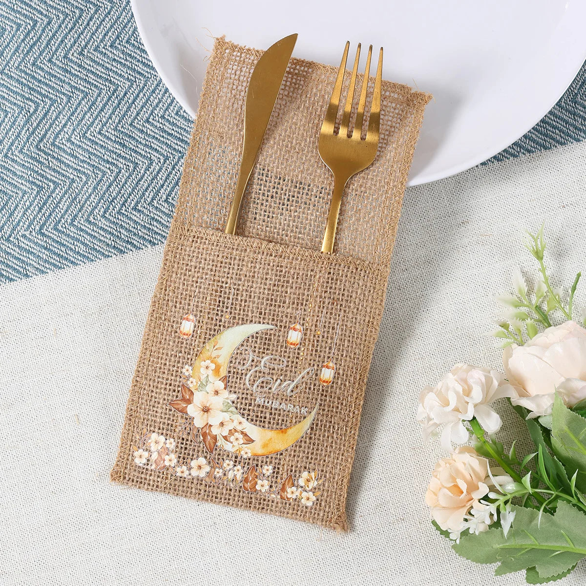 EID Mubarak Decoration Burlap Cutlery Bags Ramadan Decor 2025 Cutlery Bag Ramadan Kareem Islamic Muslim Party Eid Al Adha Gifts