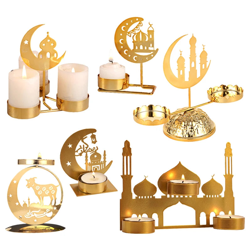 Ramadan  Candlestick Decoration Metal Moon Star Candle Holder Gold