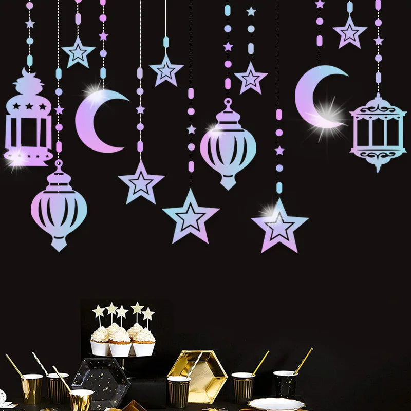 EID Mubarak Swirl Banner Star Moon Ceiling Hanging Ornament Ramadan Kareem Decoration for Home 2024 Islam Muslim Party Supplies