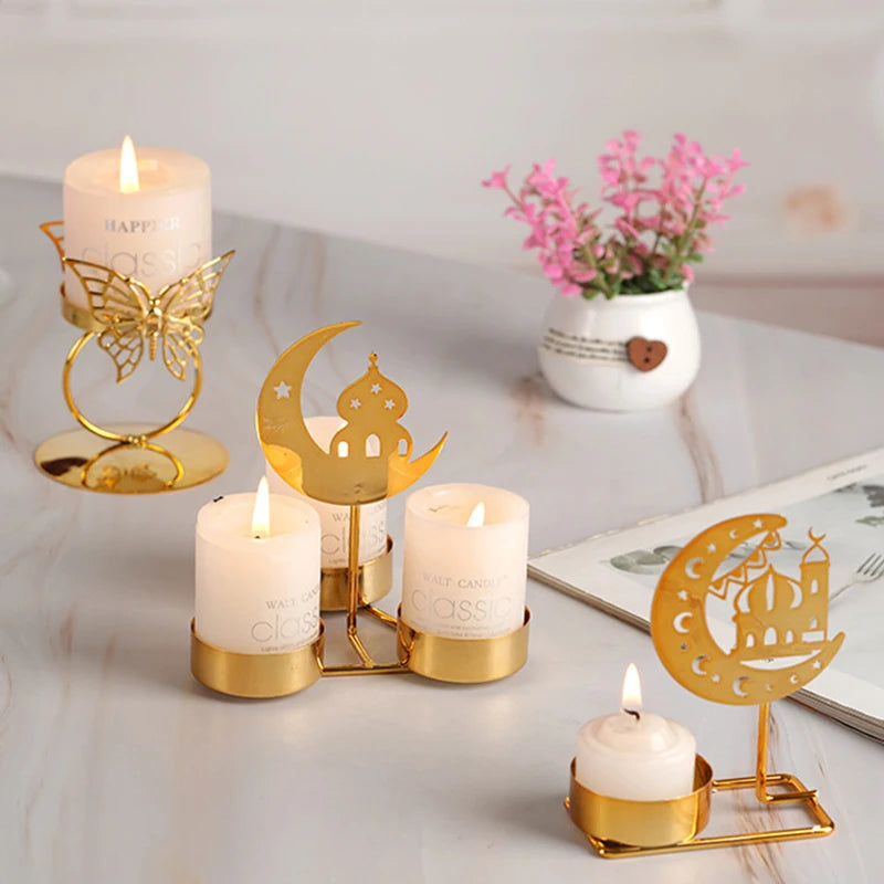 Ramadan  Candlestick Decoration Metal Moon Star Candle Holder Gold