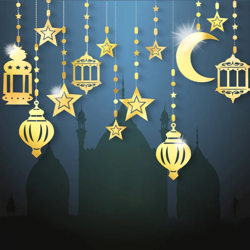 EID Mubarak Swirl Banner Star Moon Ceiling Hanging Ornament Ramadan Kareem Decoration for Home 2024 Islam Muslim Party Supplies