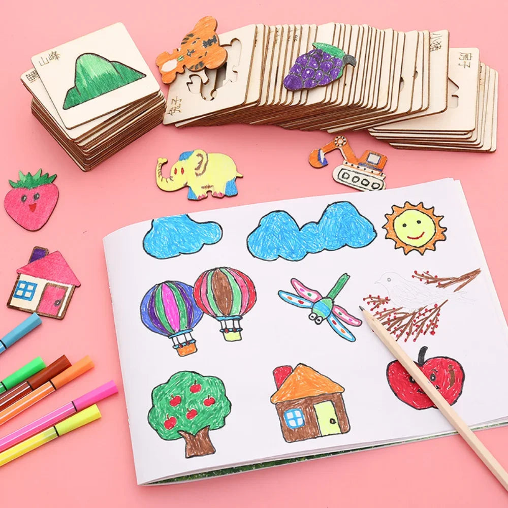 Educational Toys Learning  kids Drawing Toys Wooden DIY Painting Template Stencils