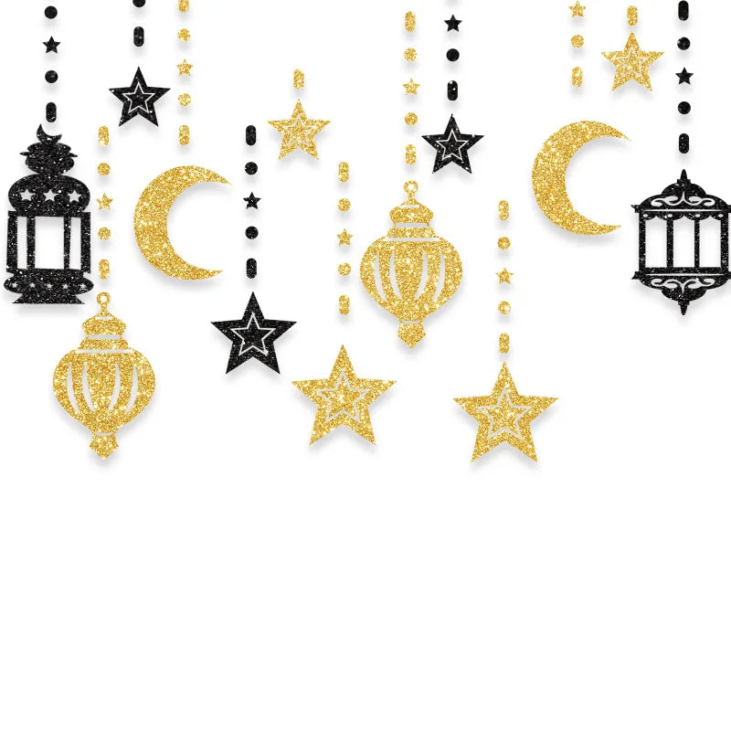 EID Mubarak Swirl Banner Star Moon Ceiling Hanging Ornament Ramadan Kareem Decoration for Home 2024 Islam Muslim Party Supplies