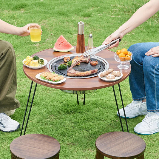 BBQ  Folding Barbecue Round Table Wood Stove Portable Camping