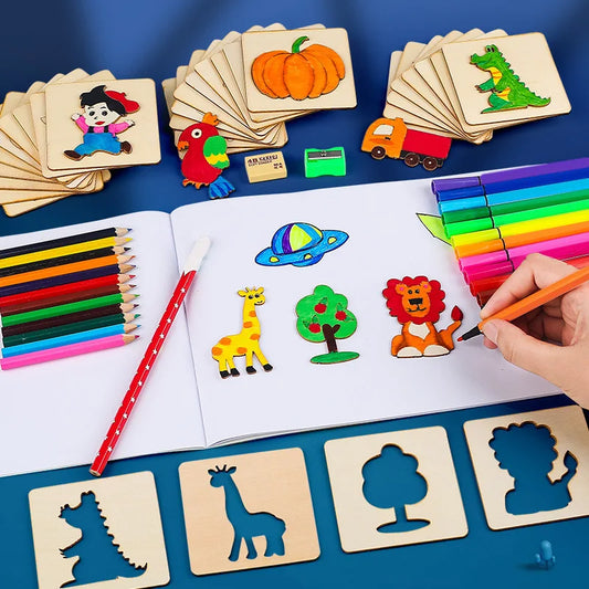 Educational Toys Learning  kids Drawing Toys Wooden DIY Painting Template Stencils