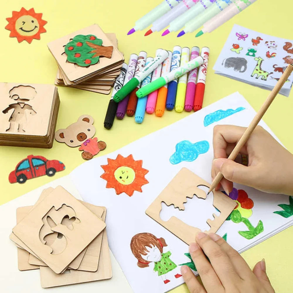 Educational Toys Learning  kids Drawing Toys Wooden DIY Painting Template Stencils