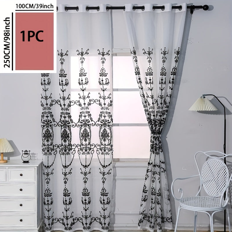 1pc Glam Embroidered Floral Grommet Top Curtain, Semi-Sheer Polyester Window Screen for Bedroom 120-140g