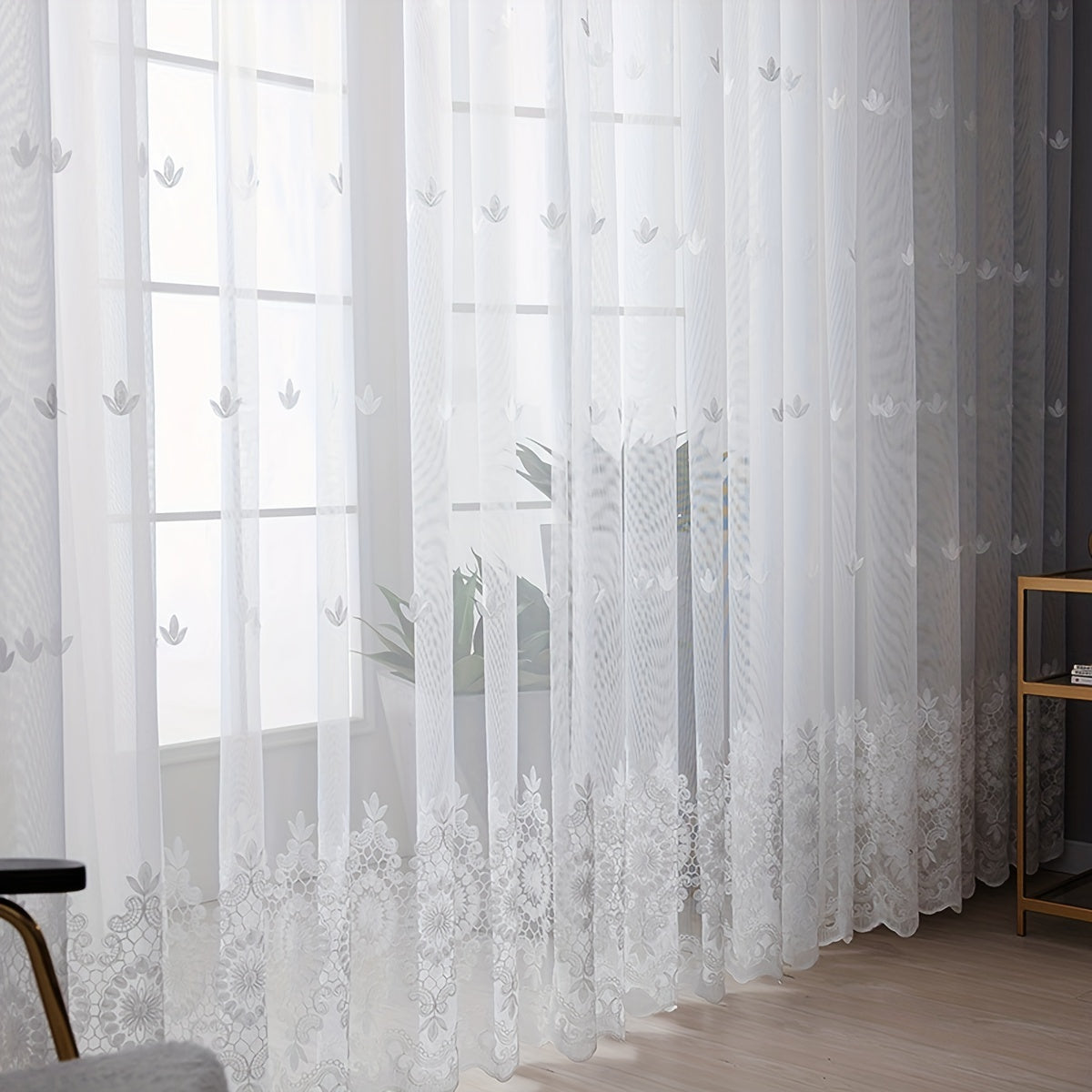 1pc Modern Embroidered Sheer Curtain Panel, 100% Polyester