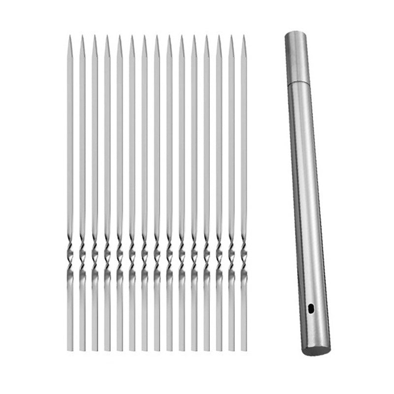 15pcs Stainless Steel Skewers & 1 Tube Storage For Barbecue,Shish Kebab BBQ Camping Flat Forks Gadgets